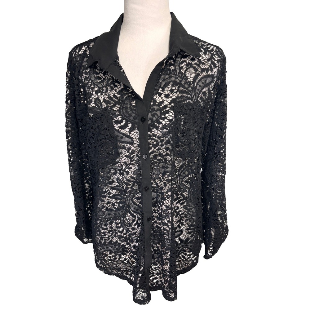 NWT Maurices Lace Top Womens XL‎ Black Sheer Roll-Tab Button Down Office Party